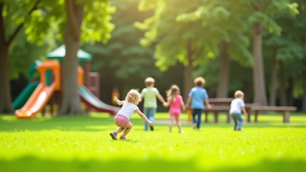 Children playing at a community park with playground equipment and open grass area