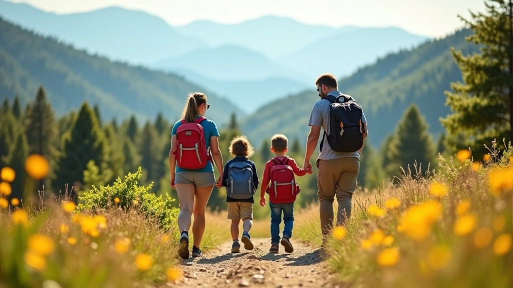 Family hiking on a scenic mountain trail surrounded by green trees and blue sky