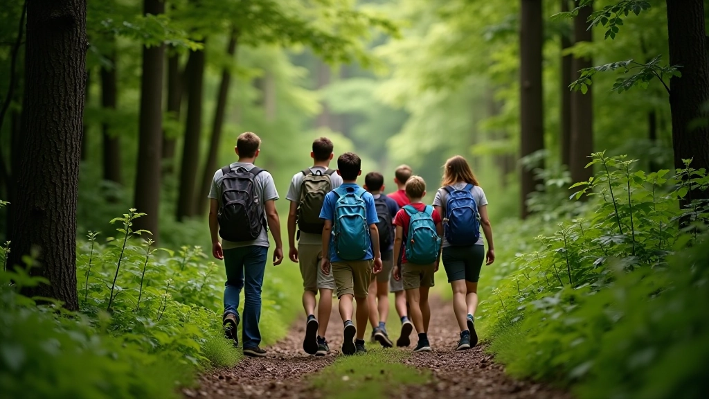 Group of hikers exploring nature trail through forest with tall trees and natural scenery