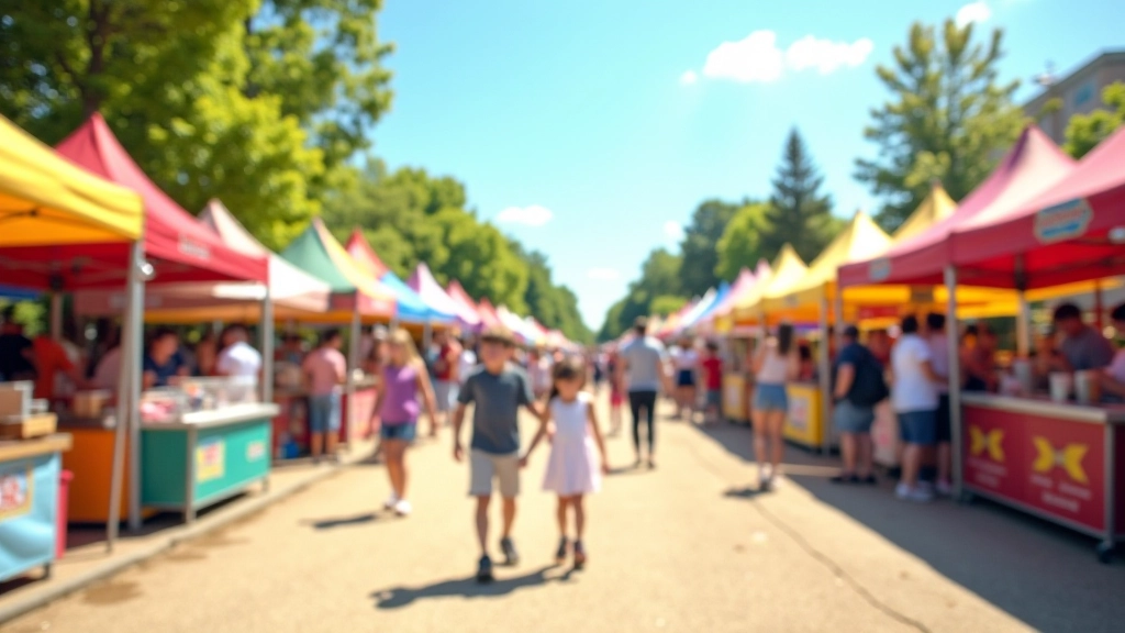 Colorful carnival rides and festival tents with families enjoying outdoor event